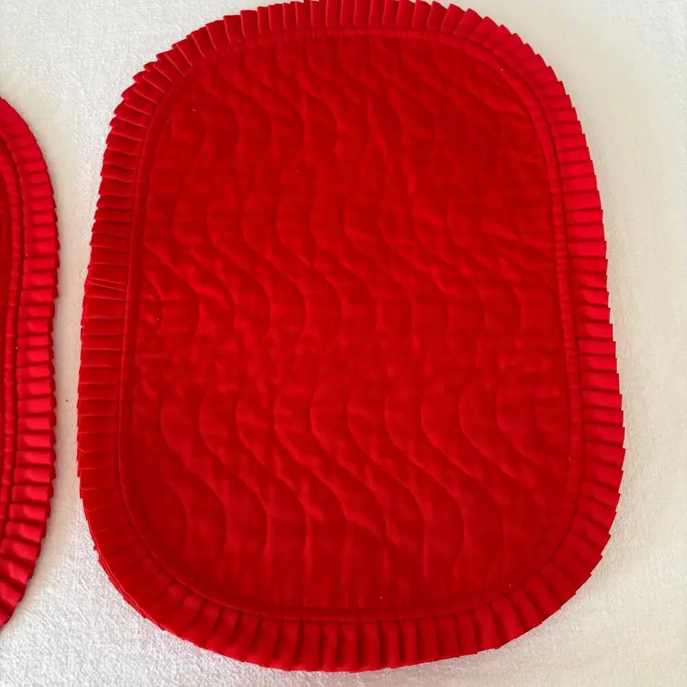 Vintage Red Quilted Placemats Set of 6 Pleated Ruffle Trim Cottage Table Linens